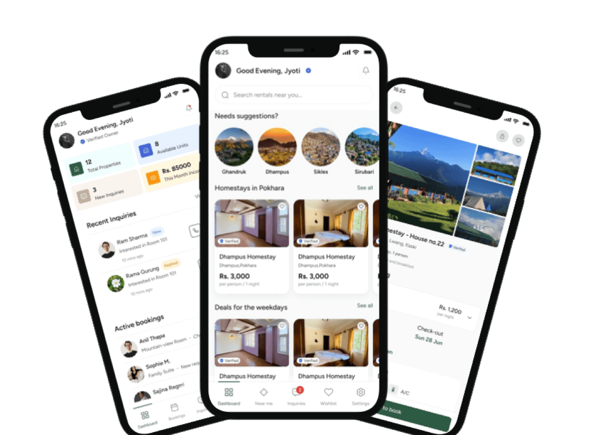 Eco to Nature owner dashboard, homestay search and listing screens