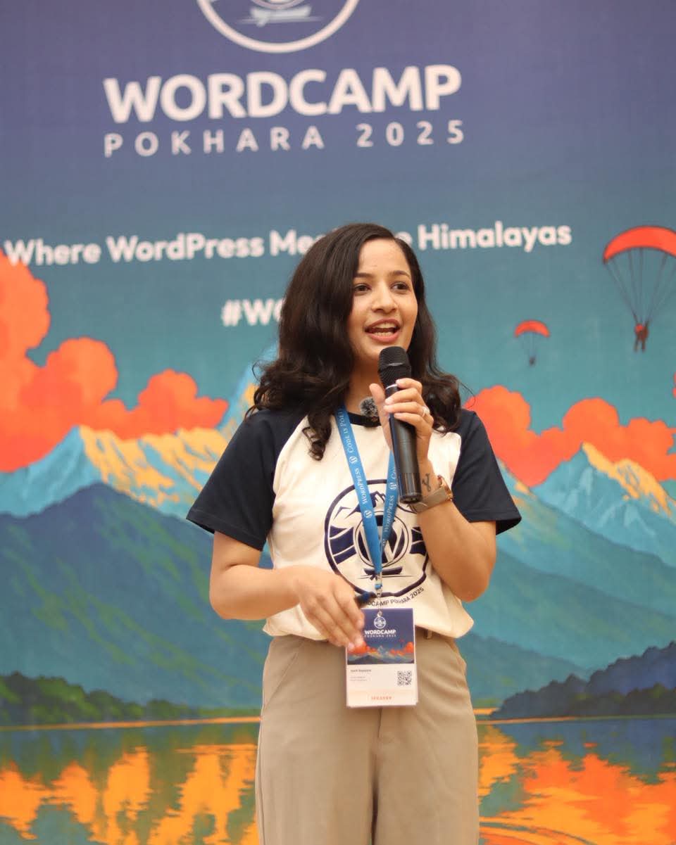 Jyoti speaking at WordCamp Pokhara 2025